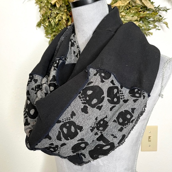 Upcycled Patchwork Infinity Scarf Black Skull Gray Fishnet Mens Goth Apocalypse - Picture 1 of 16